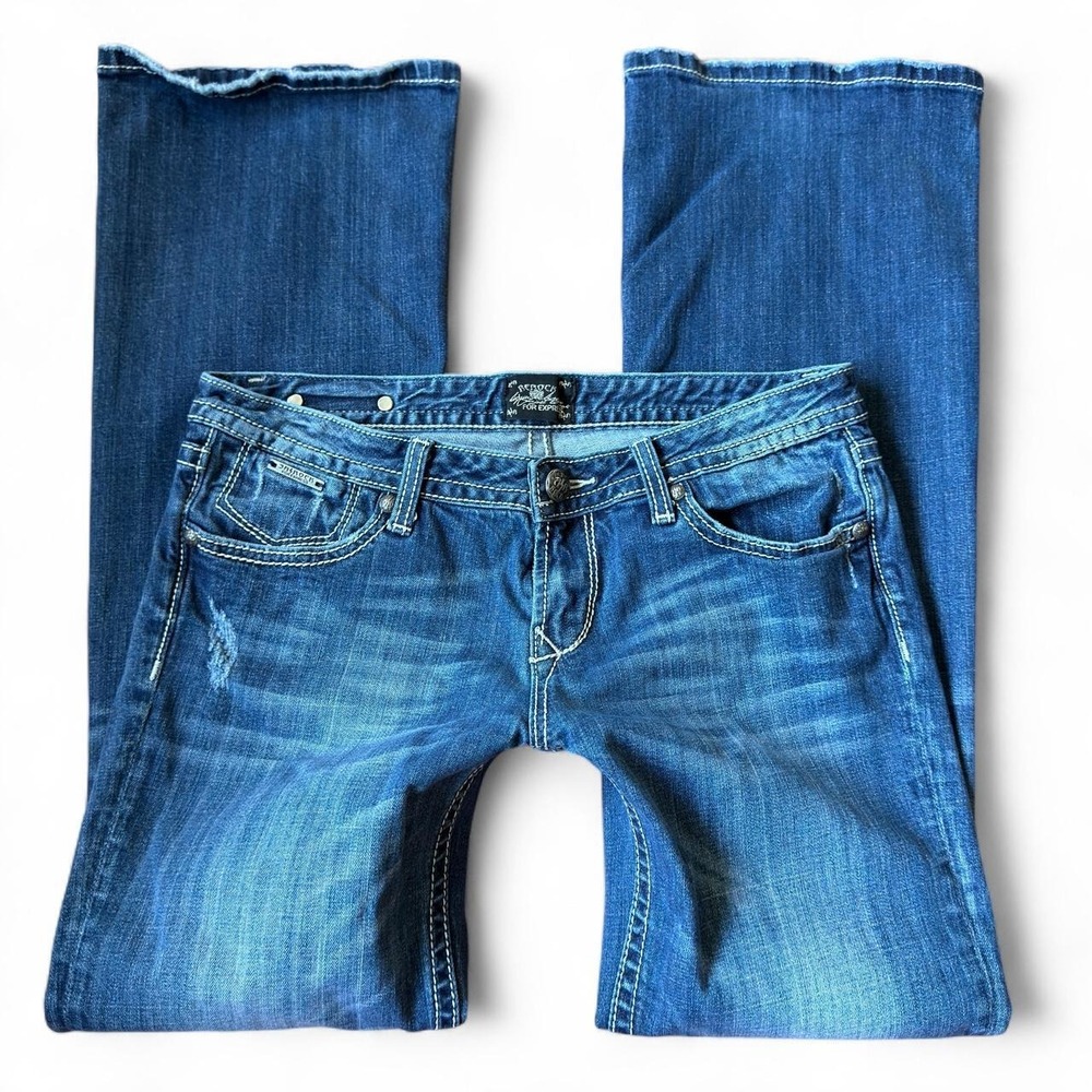 vtg 2000s y2k rerock by express low rise bootcut jeans mid blue wash whiskered